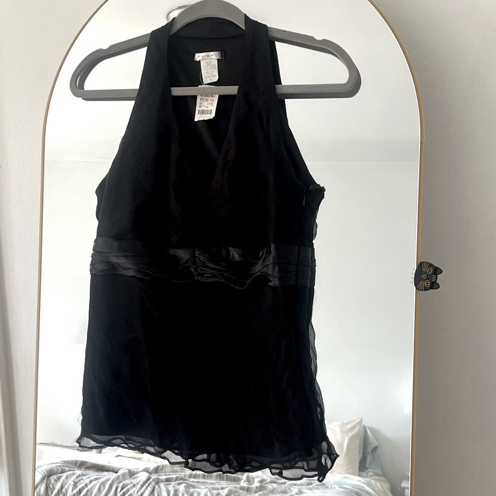 NWT Vintage Page 100% Silk Black Sleeveless Top Size 8 Sheer Overlay Satin Waist